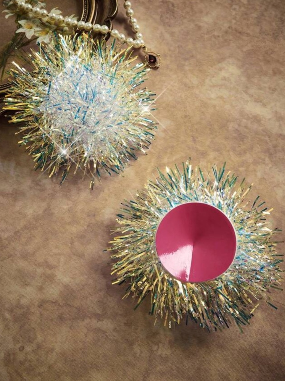 Sparkling Tinsel Wall Ornaments with Pink Accent - Home Wall Decor